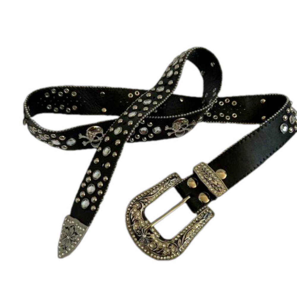 Unisex Black Leather Rhinestone Belt with Silver Buckle